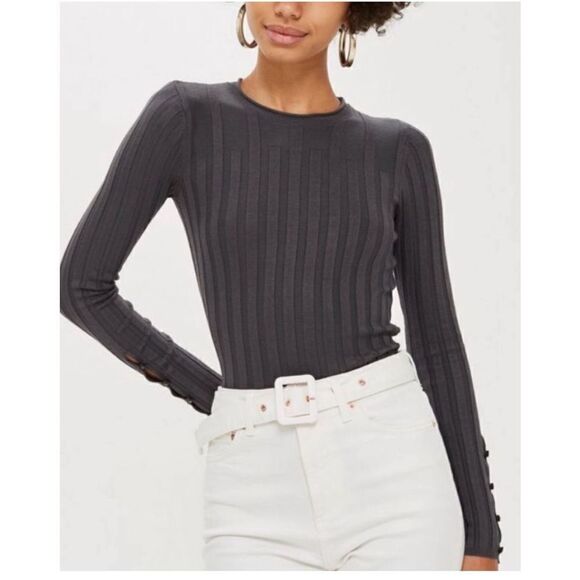 Topshop Womens Charcoal Gray Ribbed Button Sleeve Pullover Sweater sz 6 - Picture 1 of 13